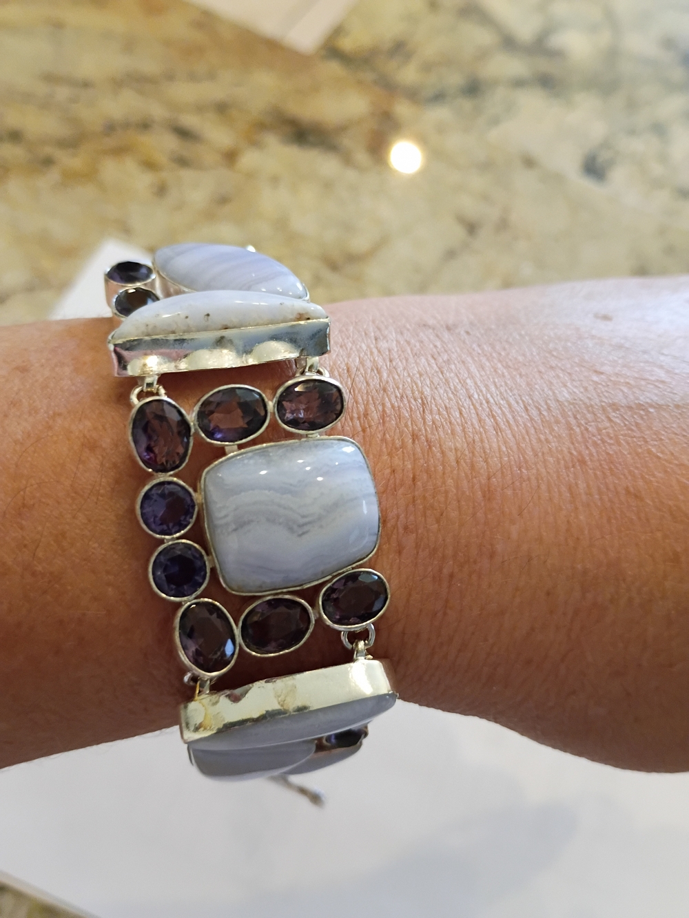 Silver-Tone Blue Periwinkle LaceAgate Stone Purple Stones Bracelet Hand Made